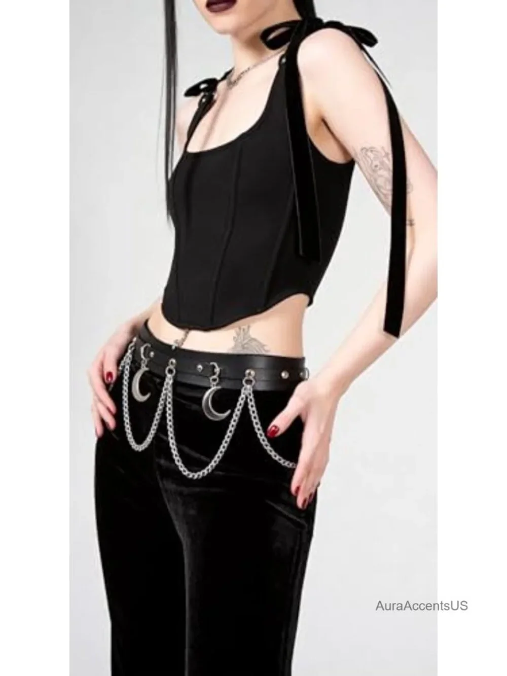 Faux Leather Chain Waist Belt with Moon Charm Punk Gothic